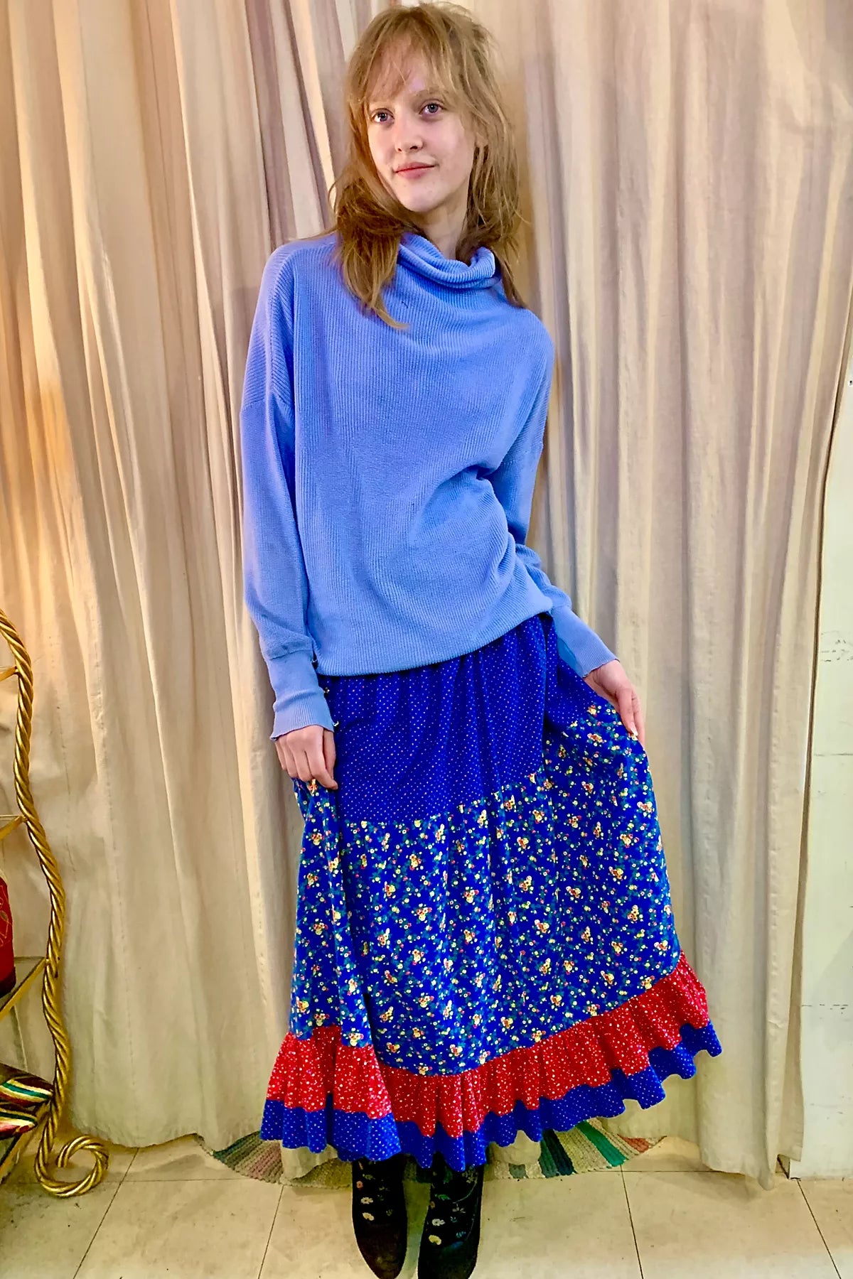 Vintage Blue Patchwork Print Ruffled Skirt Selected by Nomad Vintage