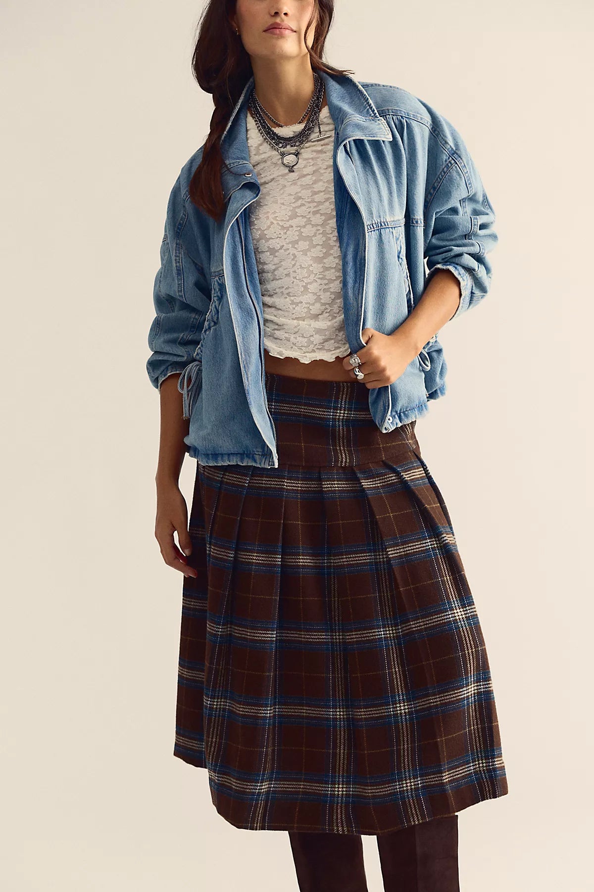 We The Free Skipper Pleated Plaid Midi Skirt