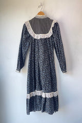 Vintage Gunne Sax Black Blue Floral Velvet Dress Selected by The Curatorial Dept.